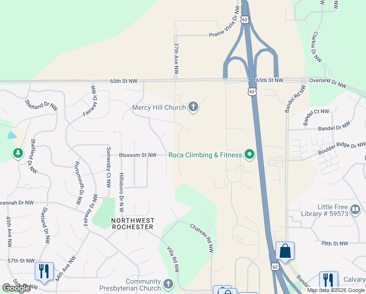 map of restaurants, bars, coffee shops, grocery stores, and more near 6180 Jonathan Drive Northwest in Rochester