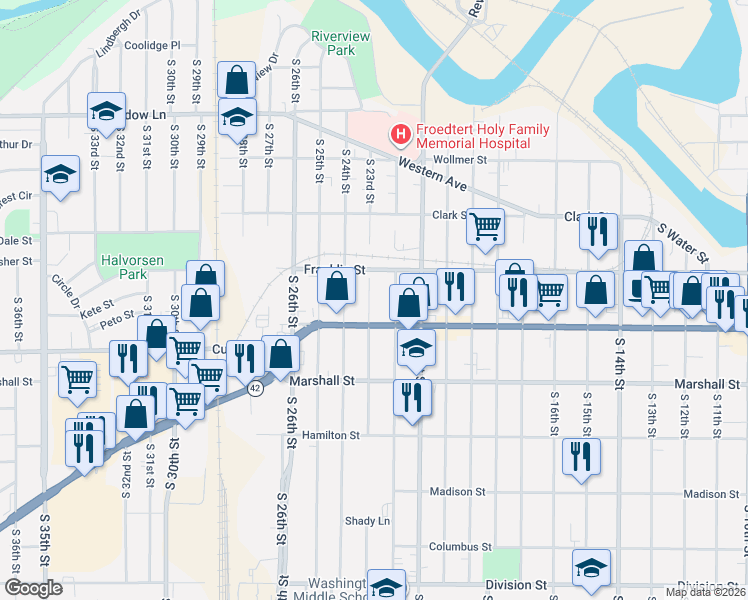 map of restaurants, bars, coffee shops, grocery stores, and more near 935 South 23rd Street in Manitowoc