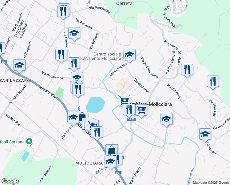 map of restaurants, bars, coffee shops, grocery stores, and more near 52 Via della Pace in Colombiera-Molicciara
