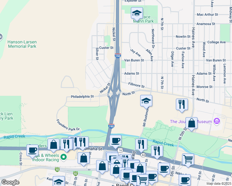 map of restaurants, bars, coffee shops, grocery stores, and more near 515 West Blvd North in Rapid City