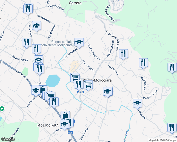 map of restaurants, bars, coffee shops, grocery stores, and more near 19 Via di Mezzo in Colombiera-molicciara