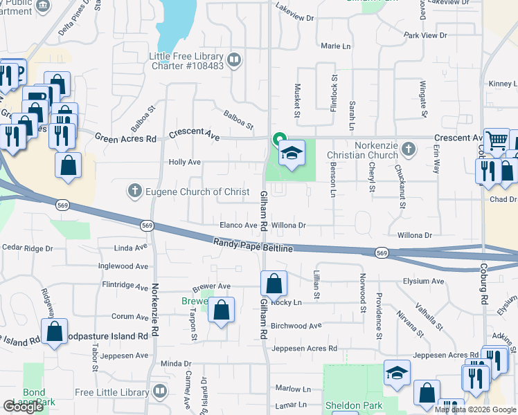 map of restaurants, bars, coffee shops, grocery stores, and more near 2415 Gilham Road in Eugene