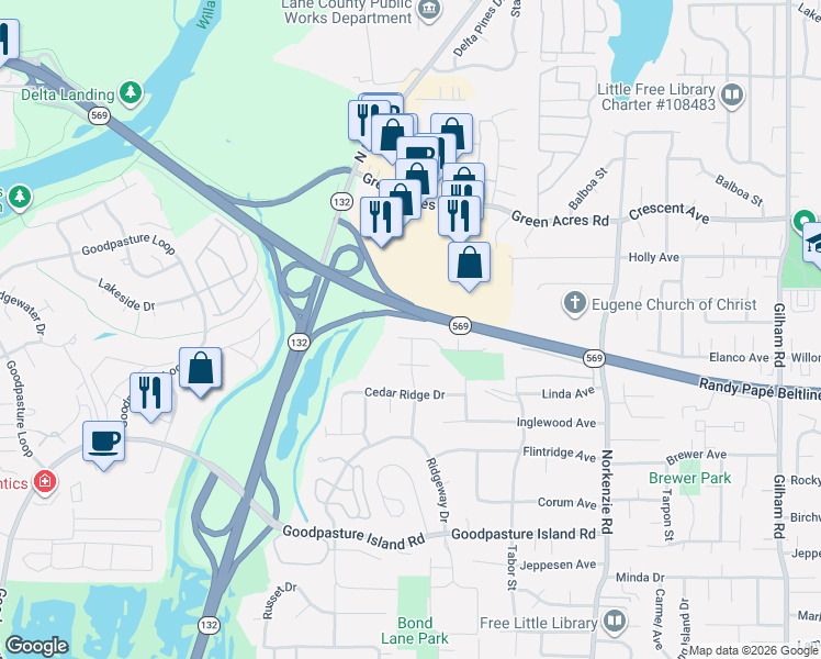 map of restaurants, bars, coffee shops, grocery stores, and more near 2292 Ironwood Street in Eugene