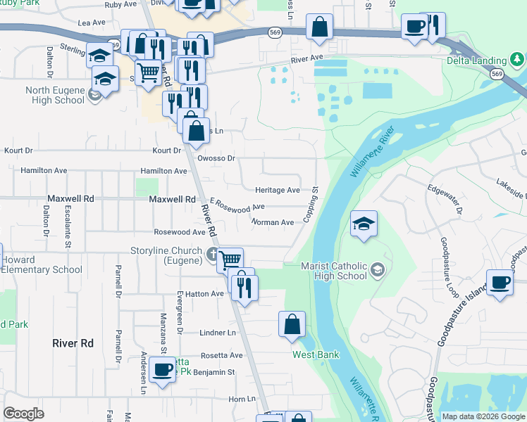 map of restaurants, bars, coffee shops, grocery stores, and more near 293 Norman Avenue in Eugene