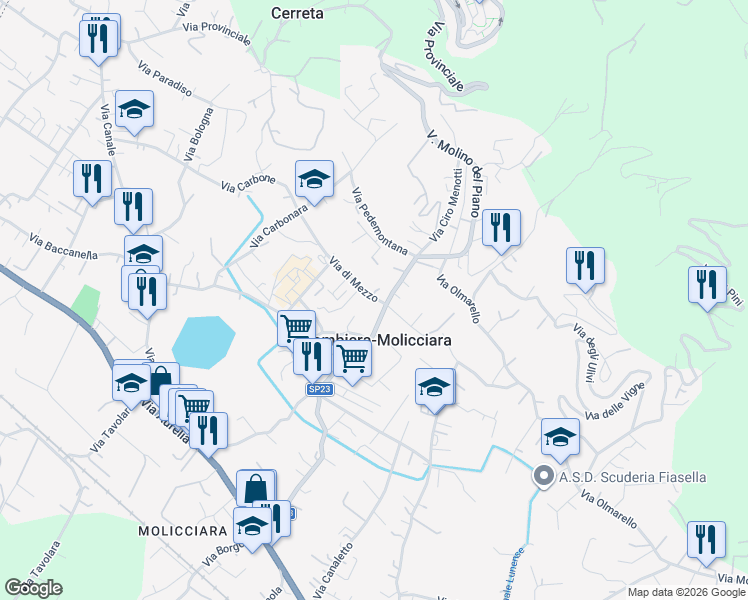 map of restaurants, bars, coffee shops, grocery stores, and more near 19 Via di Mezzo in Colombiera-molicciara