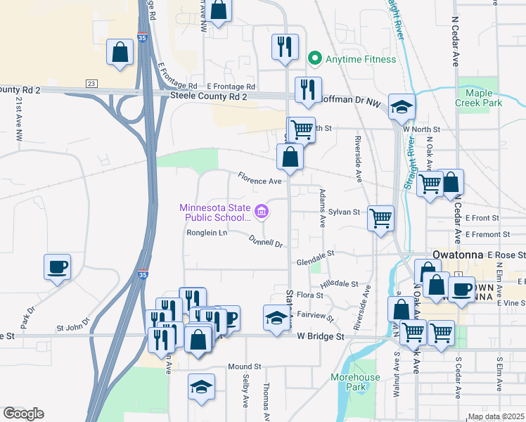 map of restaurants, bars, coffee shops, grocery stores, and more near West Hills Circle in Owatonna