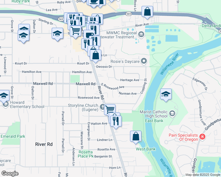 map of restaurants, bars, coffee shops, grocery stores, and more near 80 East Rosewood Avenue in Eugene