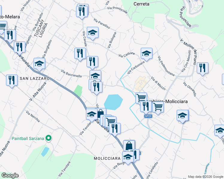 map of restaurants, bars, coffee shops, grocery stores, and more near 79 Via della Pace in Colombiera-Molicciara