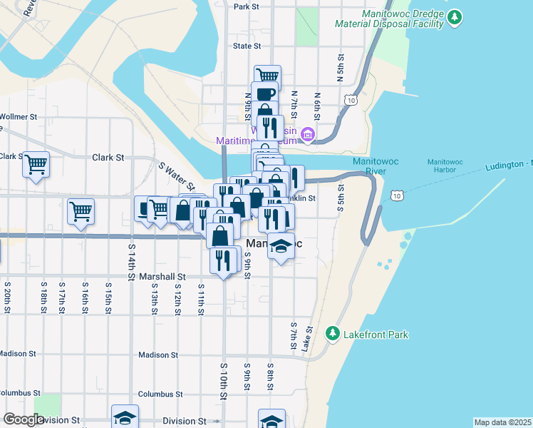 map of restaurants, bars, coffee shops, grocery stores, and more near 823 Jay St in Manitowoc