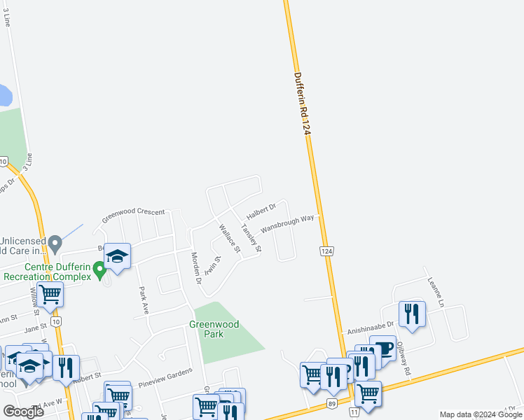 map of restaurants, bars, coffee shops, grocery stores, and more near Halbert Drive in Shelburne