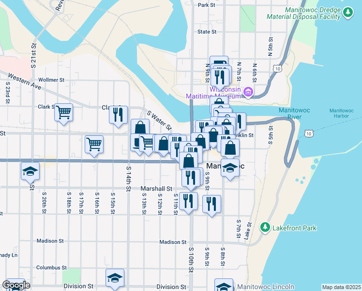 map of restaurants, bars, coffee shops, grocery stores, and more near 915 South 11th Street in Manitowoc