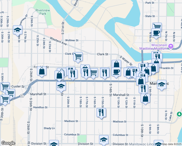 map of restaurants, bars, coffee shops, grocery stores, and more near 900 South 16th Street in Manitowoc