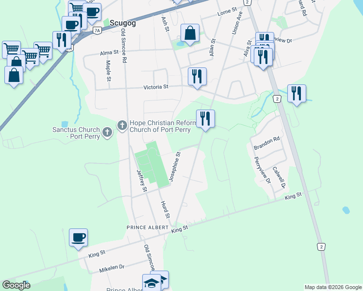 map of restaurants, bars, coffee shops, grocery stores, and more near 239 Ash Street in Port Perry