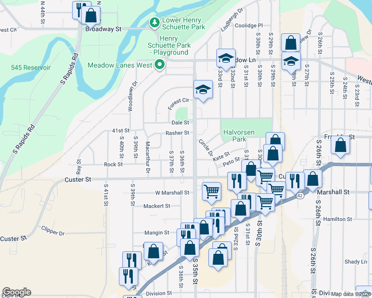 map of restaurants, bars, coffee shops, grocery stores, and more near 925 South 36th Street in Manitowoc