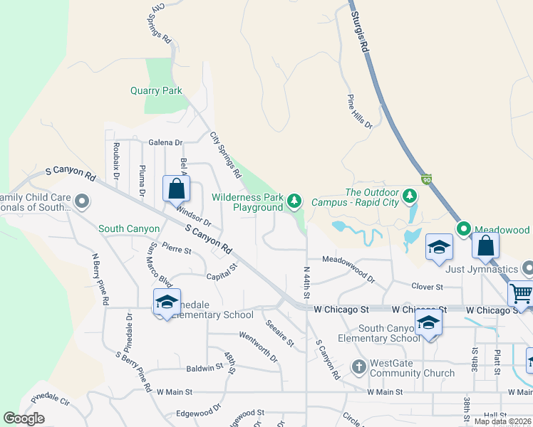 map of restaurants, bars, coffee shops, grocery stores, and more near 4549 Candlewood Place in Rapid City