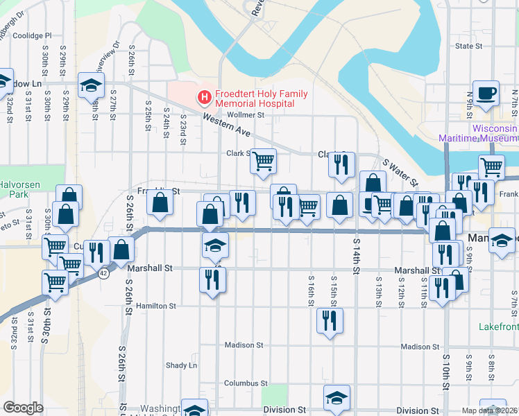 map of restaurants, bars, coffee shops, grocery stores, and more near 936 South 18th Street in Manitowoc