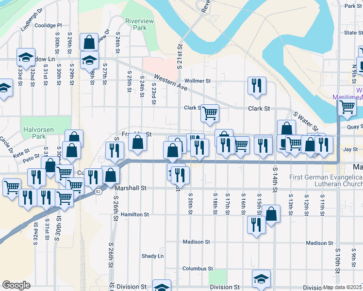map of restaurants, bars, coffee shops, grocery stores, and more near 917 South 21st Street in Manitowoc