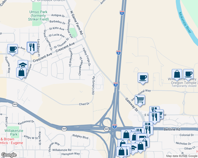 map of restaurants, bars, coffee shops, grocery stores, and more near 89317 Old Coburg Road in Eugene
