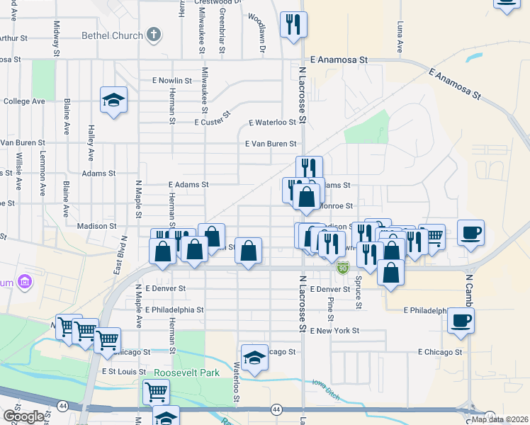 map of restaurants, bars, coffee shops, grocery stores, and more near 418 East Madison Street in Rapid City