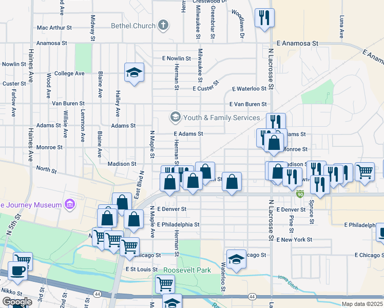 map of restaurants, bars, coffee shops, grocery stores, and more near 208 East Madison Street in Rapid City