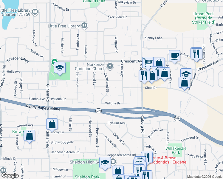 map of restaurants, bars, coffee shops, grocery stores, and more near 2545 Chuckanut Street in Eugene