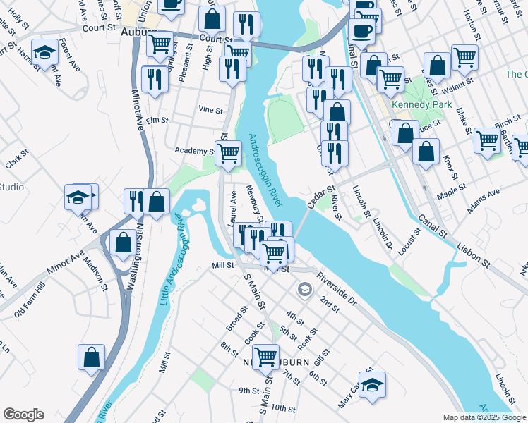 map of restaurants, bars, coffee shops, grocery stores, and more near 97 Newbury Street in Auburn