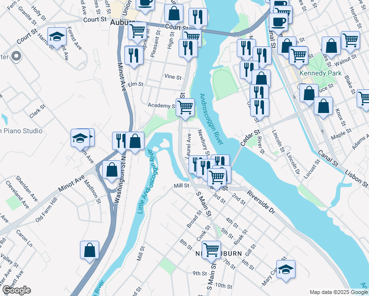 map of restaurants, bars, coffee shops, grocery stores, and more near 40 Laurel Avenue in Auburn