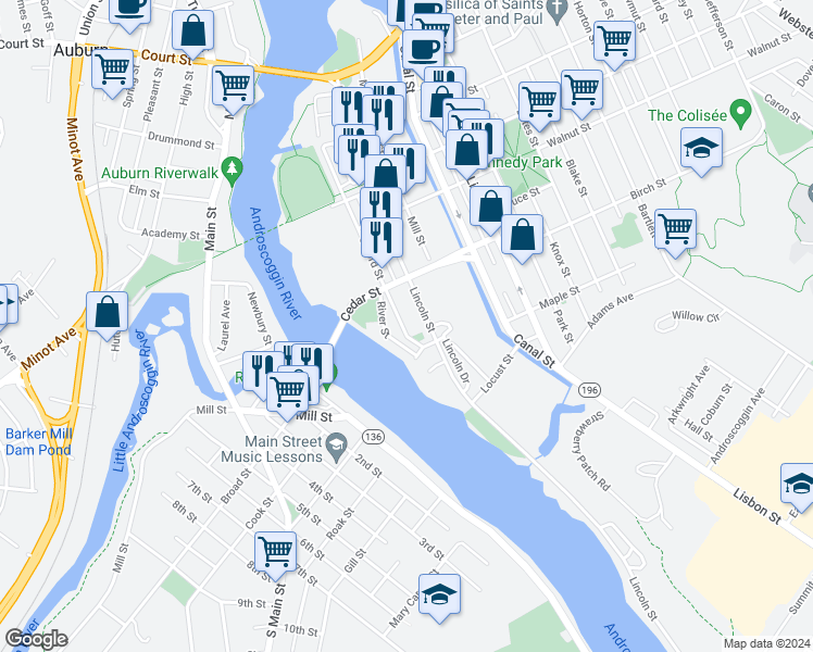 map of restaurants, bars, coffee shops, grocery stores, and more near 146 Oxford Street in Lewiston