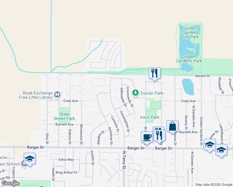 map of restaurants, bars, coffee shops, grocery stores, and more near 2168 Silhouette Street in Eugene