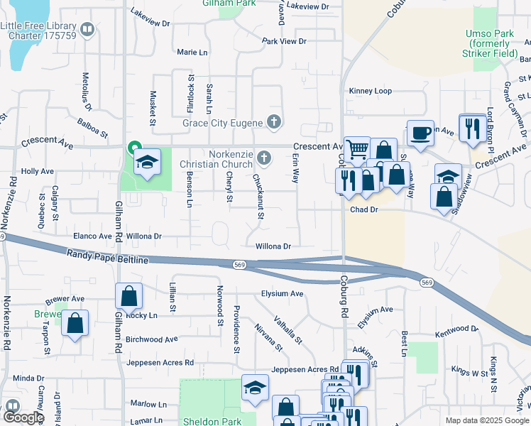 map of restaurants, bars, coffee shops, grocery stores, and more near 2545 Chuckanut Street in Eugene