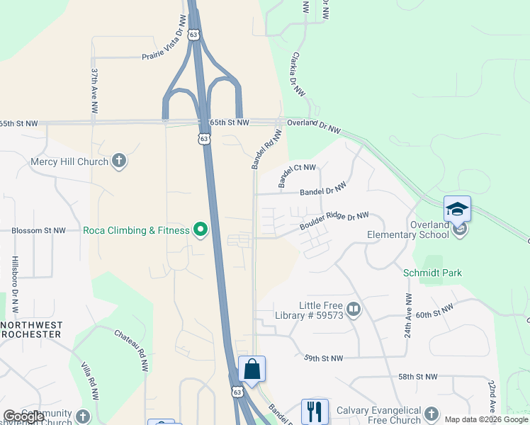 map of restaurants, bars, coffee shops, grocery stores, and more near 6355 30th Avenue Northwest in Rochester