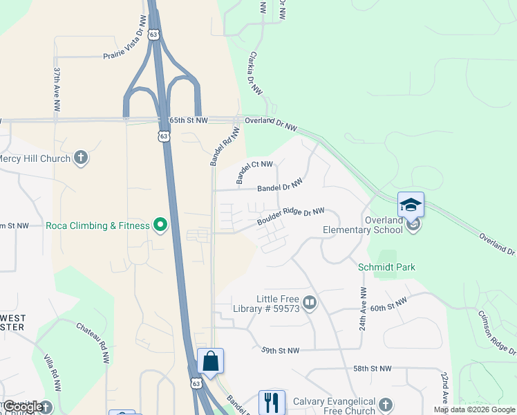 map of restaurants, bars, coffee shops, grocery stores, and more near 6285 29th Avenue Northwest in Rochester