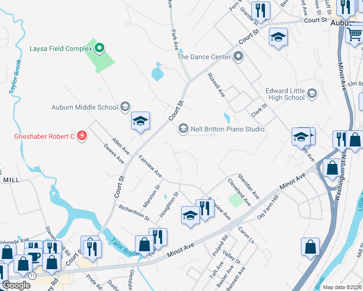 map of restaurants, bars, coffee shops, grocery stores, and more near 25 Briarcliff Knoll in Auburn