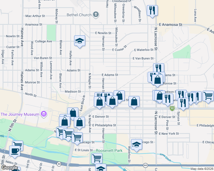 map of restaurants, bars, coffee shops, grocery stores, and more near 208 East Madison Street in Rapid City