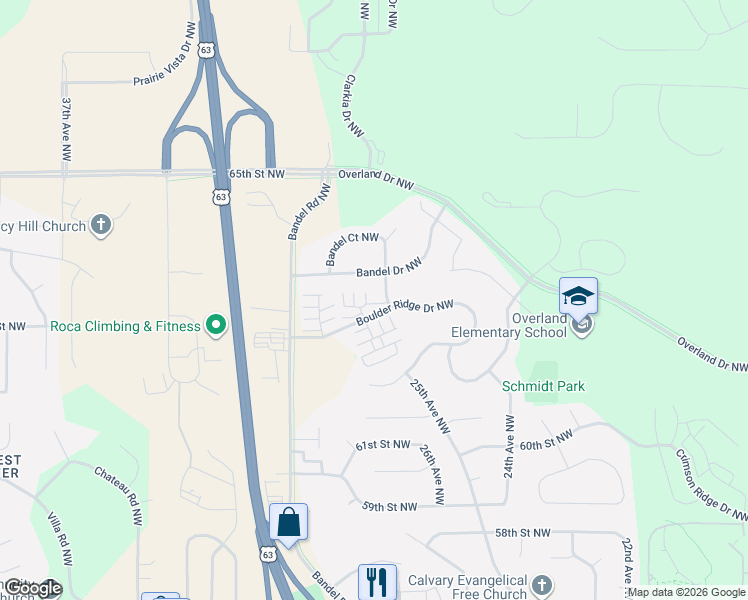 map of restaurants, bars, coffee shops, grocery stores, and more near 2827 Agate Place Northwest in Rochester