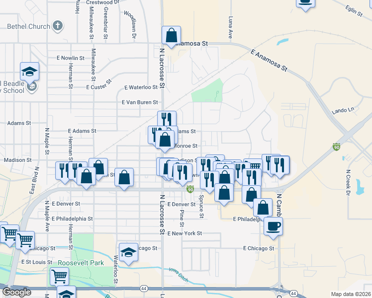 map of restaurants, bars, coffee shops, grocery stores, and more near 672 Pine Street in Rapid City