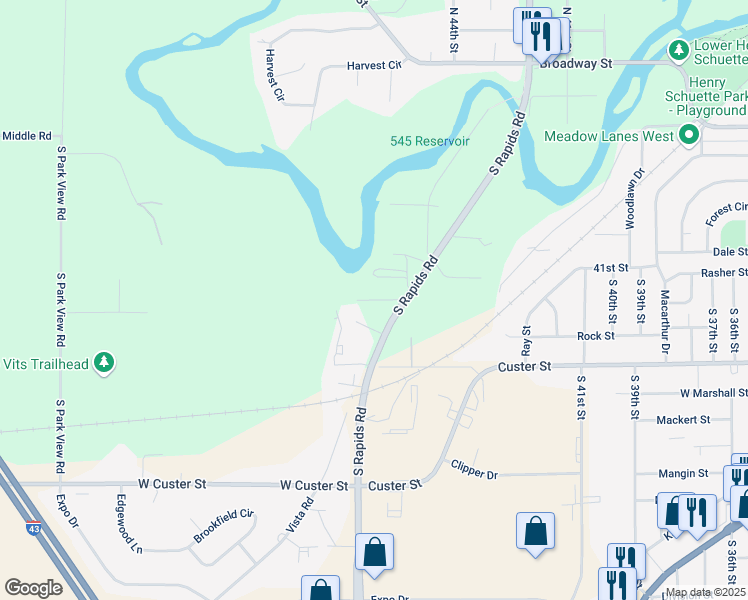 map of restaurants, bars, coffee shops, grocery stores, and more near 4779 Hessel Court in Manitowoc