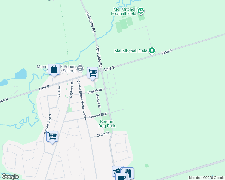 map of restaurants, bars, coffee shops, grocery stores, and more near 63 English Drive East in New Tecumseth