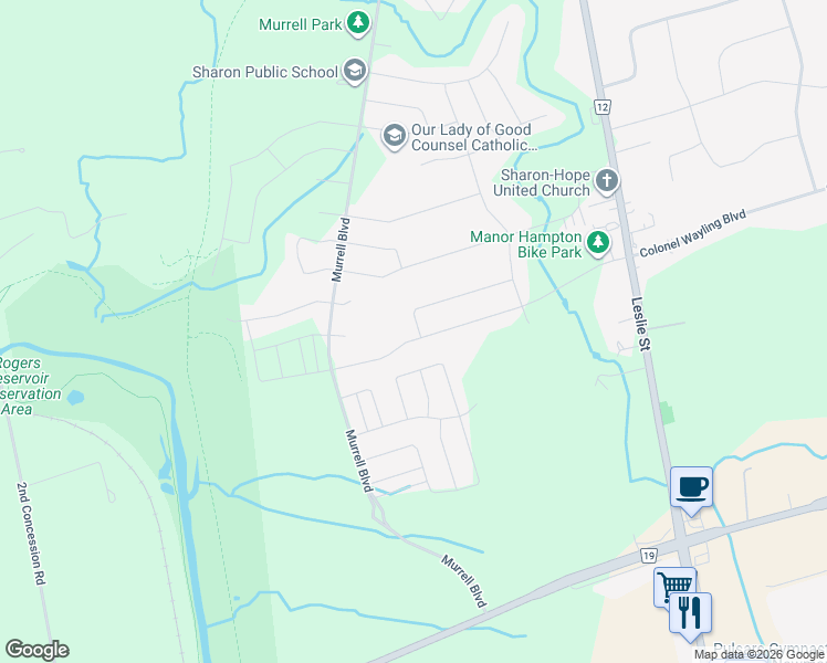 map of restaurants, bars, coffee shops, grocery stores, and more near 33 Manor Hampton Street in East Gwillimbury