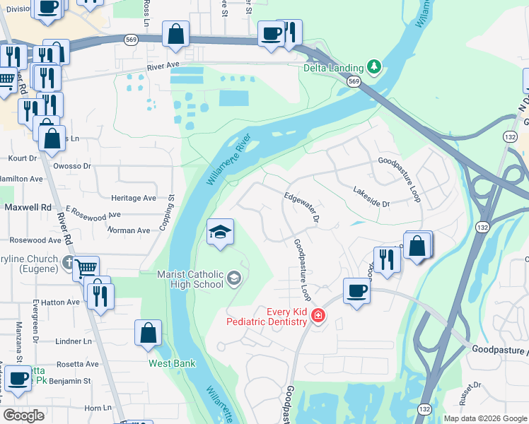 map of restaurants, bars, coffee shops, grocery stores, and more near 2668 Riverwalk Loop in Eugene