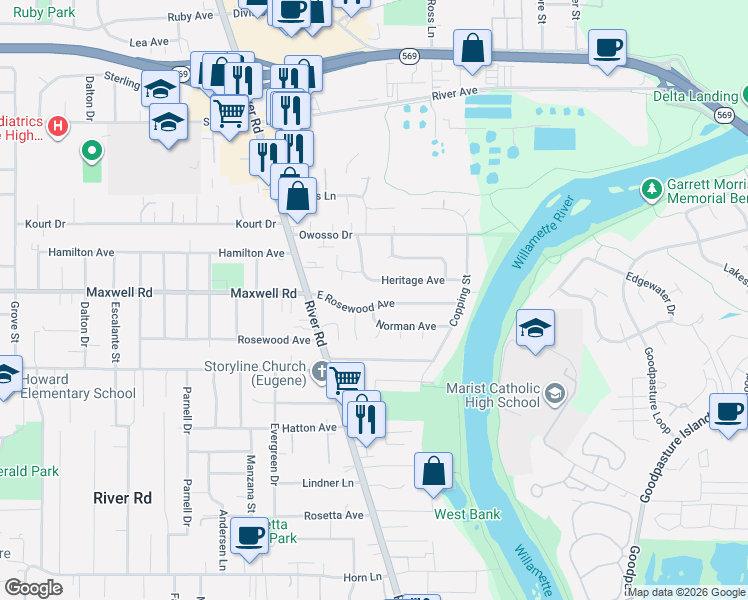 map of restaurants, bars, coffee shops, grocery stores, and more near 154 Norman Avenue in Eugene
