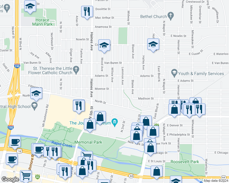 map of restaurants, bars, coffee shops, grocery stores, and more near 636 Willsie Avenue in Rapid City