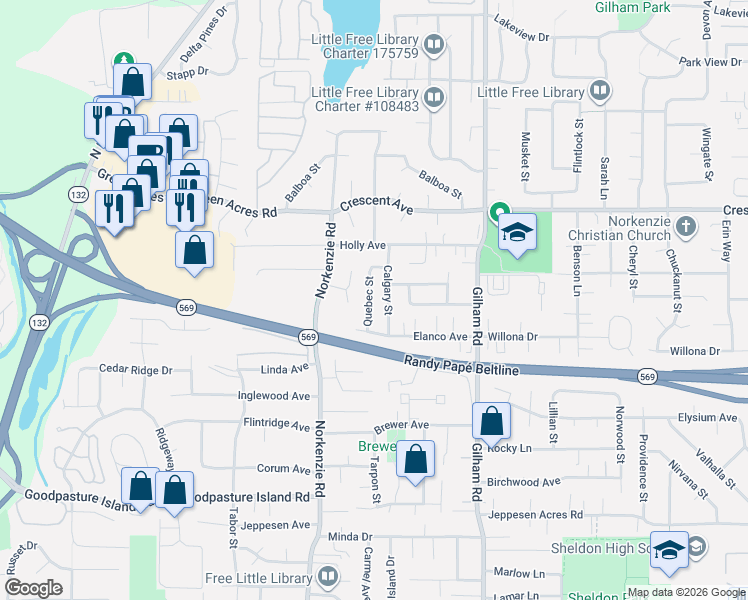 map of restaurants, bars, coffee shops, grocery stores, and more near 2517 Quebec Street in Eugene