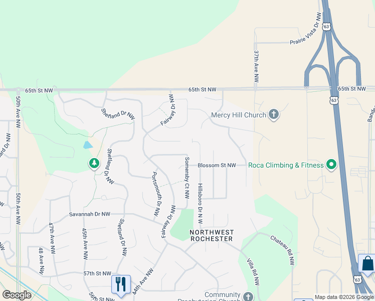 map of restaurants, bars, coffee shops, grocery stores, and more near 6191 Somersby Court Northwest in Rochester