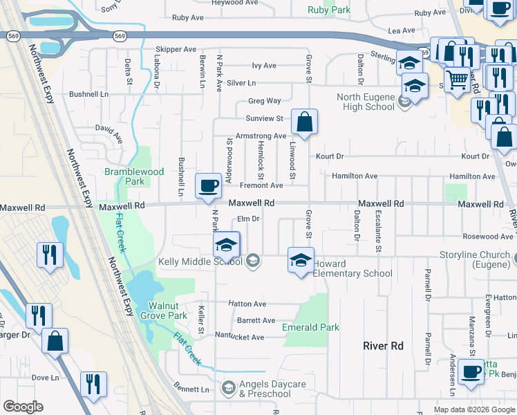 map of restaurants, bars, coffee shops, grocery stores, and more near 1591 Hemlock Street in Eugene