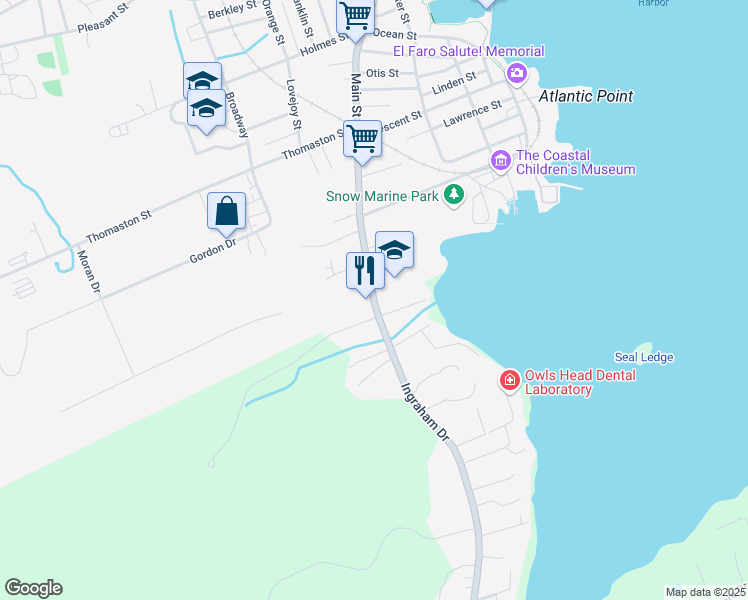 map of restaurants, bars, coffee shops, grocery stores, and more near 1 Main Street in Rockland
