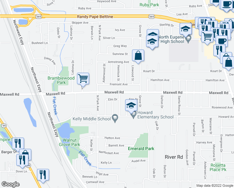 map of restaurants, bars, coffee shops, grocery stores, and more near 1591 Hemlock Street in Eugene