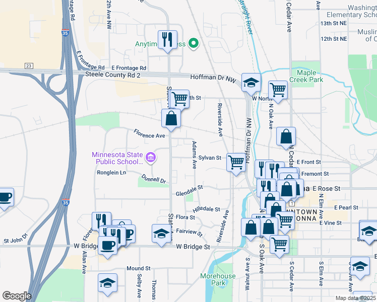 map of restaurants, bars, coffee shops, grocery stores, and more near 459 Sylvan Street in Owatonna