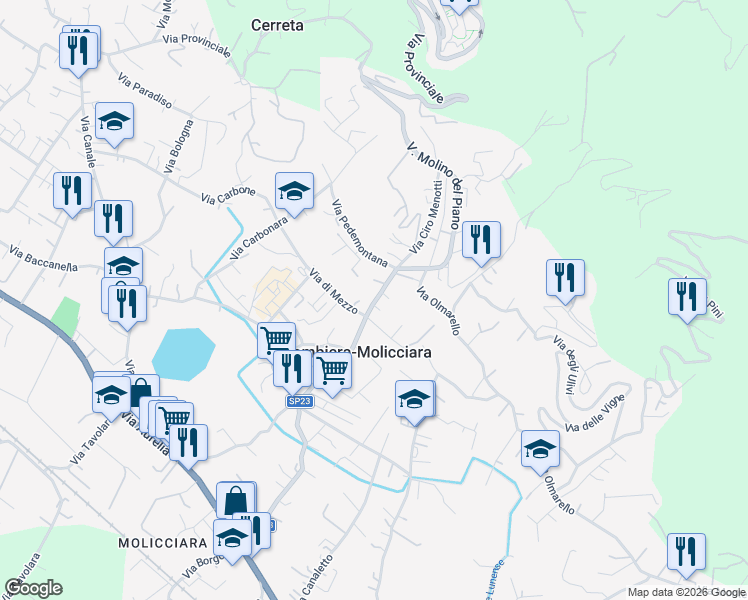 map of restaurants, bars, coffee shops, grocery stores, and more near 9 Via di Mezzo in Colombiera-molicciara