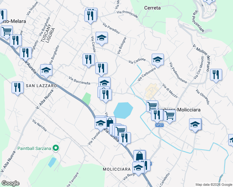 map of restaurants, bars, coffee shops, grocery stores, and more near 79 Via della Pace in Colombiera-Molicciara